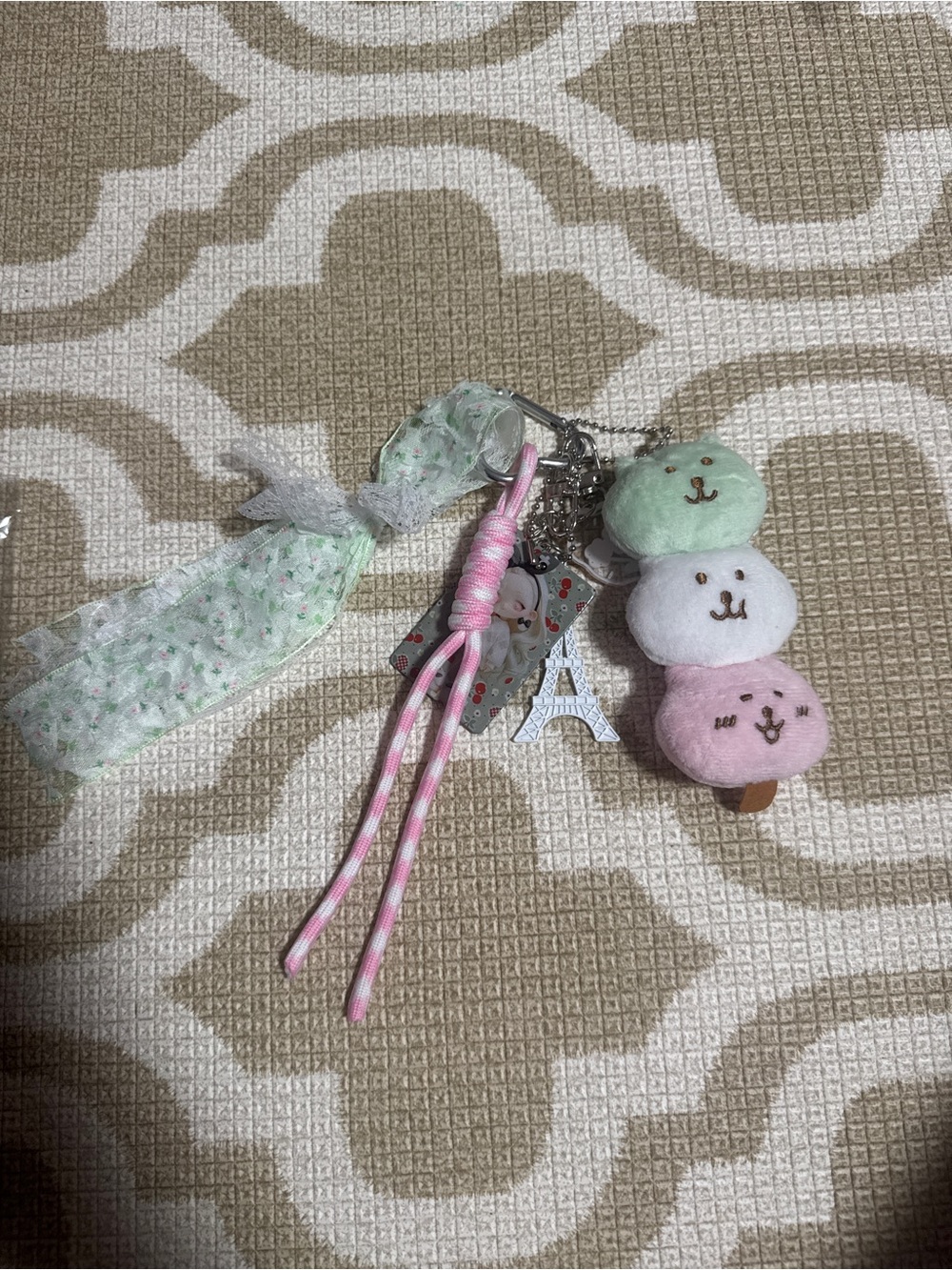 Cute Pastel Plush Keychain Charm- Pink/White/Green